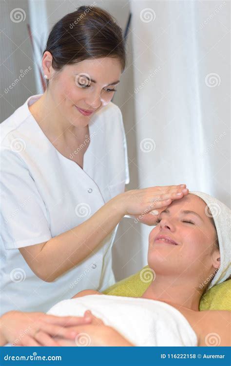 Brunette Getting Head Massage Spa Treatment Stock Photo Image Of