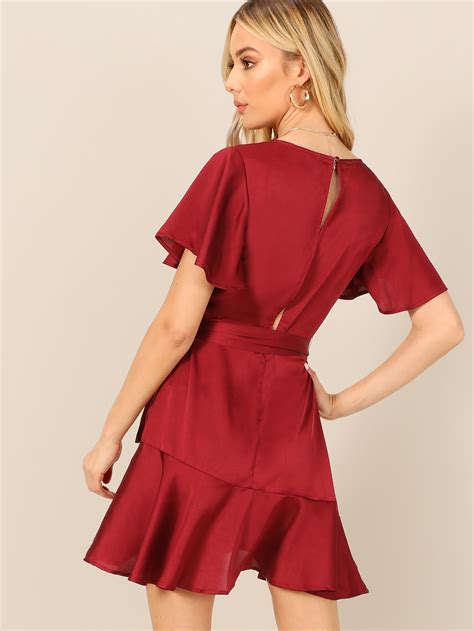 Slit Back Ruffle Hem Surplice Belted Satin Dress Shein Usa