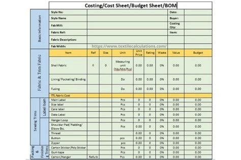 How To Prepare Costing Sheet For Woven Garments Textile Calculations