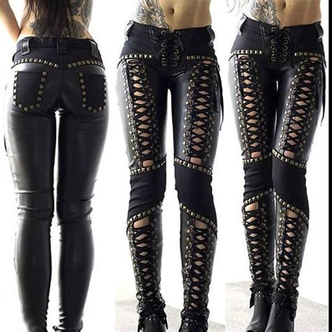 Women Fashion Gothic Punk Leather Pants Ladies Hollow Lace Up Bandage