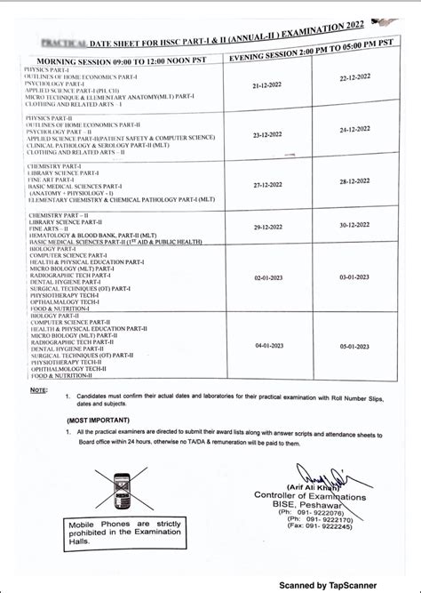 Bise Peshawar Board Date Sheet Inter Part Hssc Fa Fsc