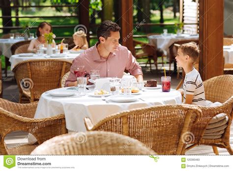 Blonde Haired Son Wearing Striped Shirt Having Breakfast Stock Image Image Of Father Dinner