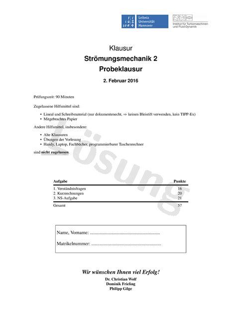 Probeklausur 1 März Fragen und Antworten Klausur Strömungsmechanik 2