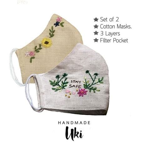 Set Of Masks Hand Embroidery Cotton Face Mask With Filter Pocket