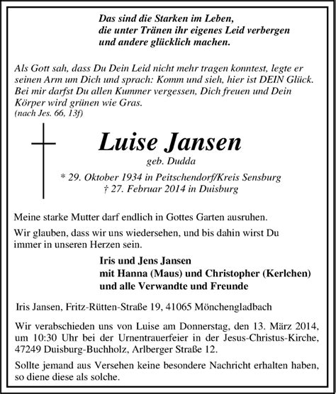 Traueranzeigen Von Luise Jansen Trauer In Nrw De