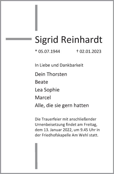 Traueranzeigen Von Sigrid Reinhardt Trauerportal Ihrer Tageszeitung