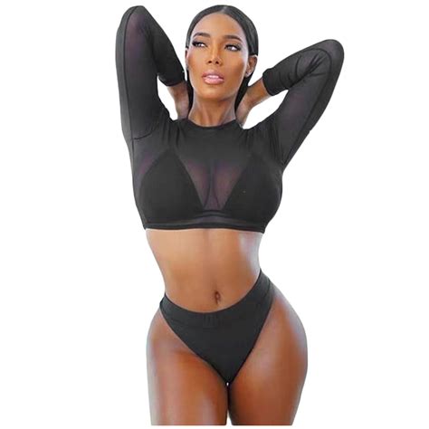 Aloohaidyvio Bikini Sets For Women Plus Size Women Sexy With Chest Pad Long Sleeve Mesh Three