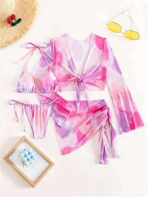 Shein Swim Y Glam Tie Dye Halter Triangle Bikini Swimsuit With Kimono