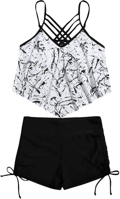 Amazon MakeMeChic Women S Tankini Set Hanky Hem Top Swim Shorts Bikini Set Swimsuit Bathing