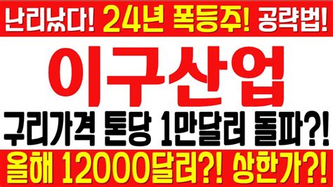 이구산업 주가전망 긴급 속보 여의도슈퍼개미 전략 구리가격 톤당 1만달러 돌파 올해 12000달러 상한가