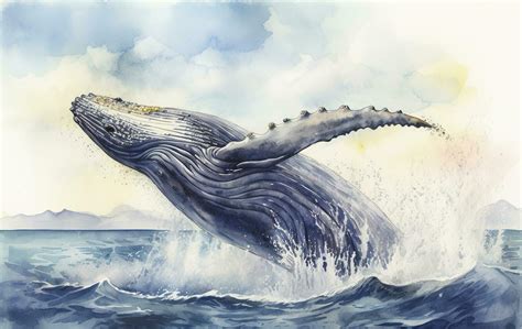 A whale breaching in a stormy ocean watercolor painting, beautiful natural forms, crisp clean ...