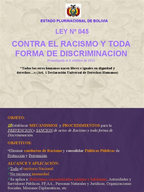 Ley 045 Ley Contra Racismo Y Toda Forma De Discriminación Pdf