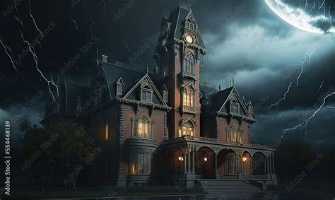 Dark Gothic Mansion in the Moon Light. Rainy Night Mystical Victorian ...