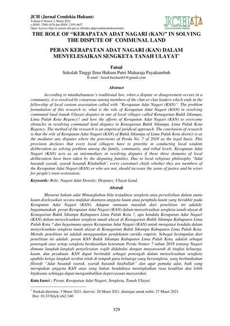 PDF THE ROLE OF KERAPATAN ADAT NAGARI KAN IN SOLVING THE DISPUTE