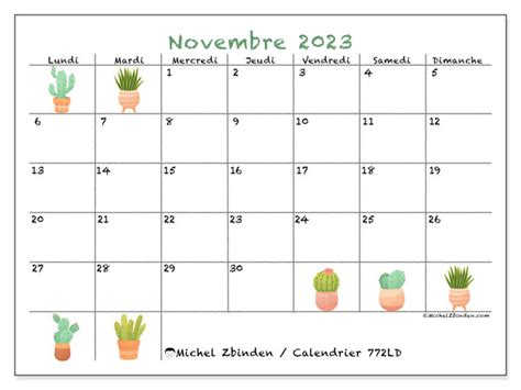 Calendrier novembre 2023 à imprimer 772LD Michel Zbinden FR