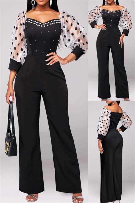 Polka Dot Hot Drilling Black Long Heart Collar Jumpsuit Fashion Romper Jumpsuit Elegant