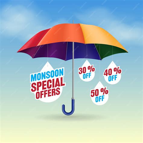 Premium Vector | Monsoon special offers hanging from umbrella with sky