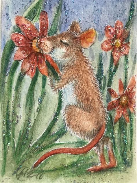 Sold Mice Aceo Original Watercolor Painting Mouse Flower Fine Art