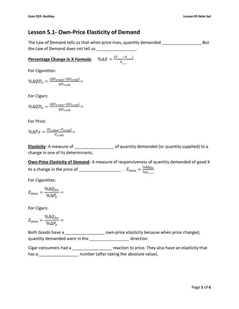 Econ Intro Micro Lesson Note Set Lesson Own Price