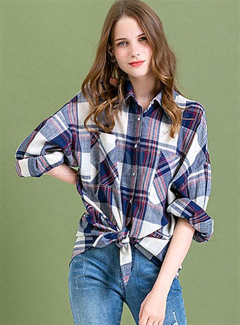 Tops Blouses Casual Lapel Plaid Loose Shirt