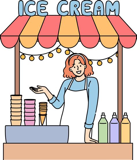 Woman sells ice cream in street stall and makes gesture inviting you to
