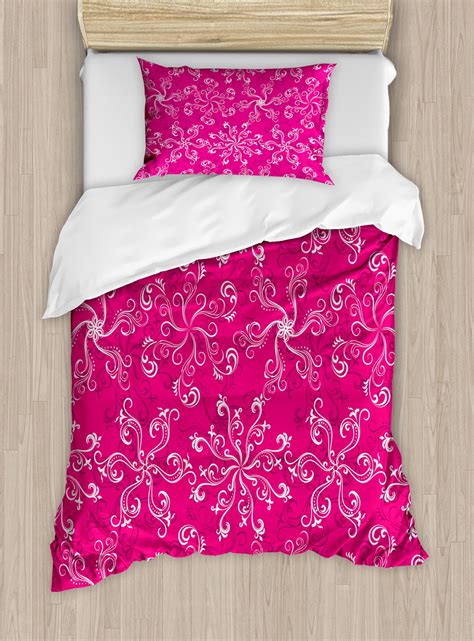 Hot Pink Duvet Cover Set Floral Arrangement Pattern On Hot Pink Background Spring Flourish