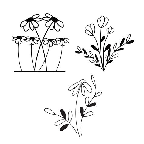 black and white drawing of flowers and leaves 7