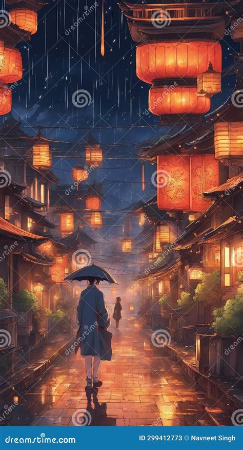 Rainy Night in Autumn, Japan Digital Art Stock Illustration ...