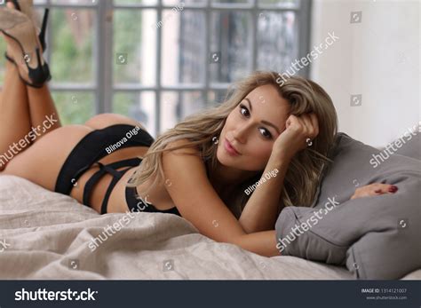 Sensual Blonde Woman Sexy Black Lingerie Stock Photo Shutterstock