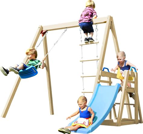 Amazon.com: HAUSHECK Kids Swing Set for Backyard, Wooden Outdoor Playset with Swings, Climbing ...