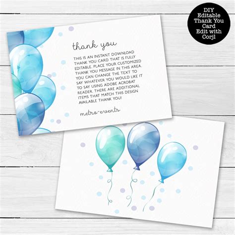 Thank You Cards Blue Balloon Thank You Cards Printable Card - Etsy