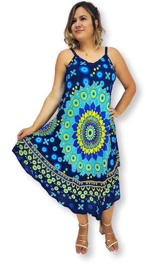 Vestido Trapézio Indiano Alça Estampa Mandala Com Bolas 5003 Sarat