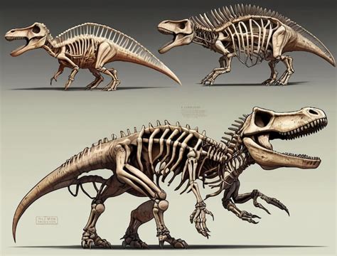 Ilustração de um esqueleto de dinossauro várias perspectivas Foto