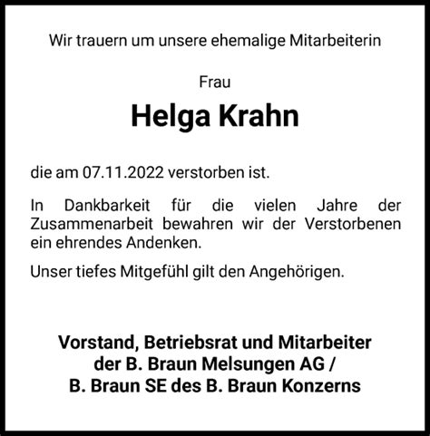 Traueranzeigen Von Helga Krahn Trauer Hna De