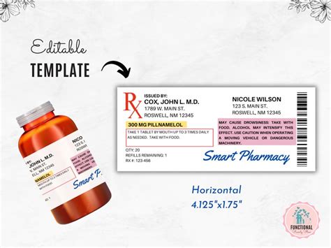 Prescription Label Template Editable Horizontal Rx Bottle Label