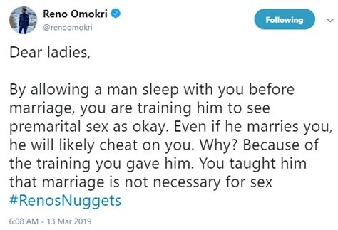 By Allowing A Man Sleep With You Before Marriage You Are Training Him To See Premarital Sex As