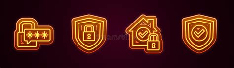 Set Line Cyber Security Shield With Lock House Under Protection And