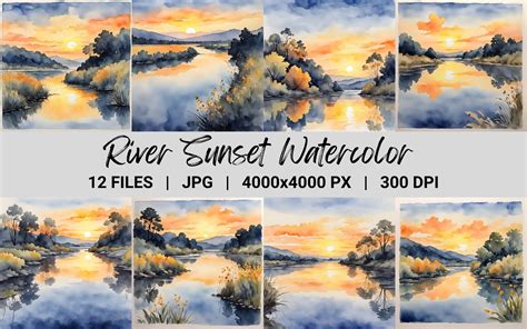 River Sunset Scenery Watercolor Graphic by Cloudee Design · Creative ...