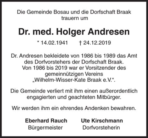 Traueranzeigen Von Dr Med Holger Andresen Sh Z Trauer