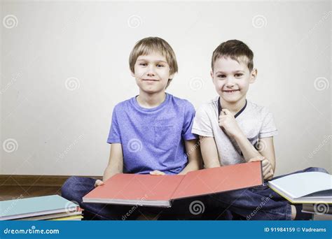 Kids Sitting on the Floor and Reading Books at Home Stock Image - Image of learn, caucasian ...