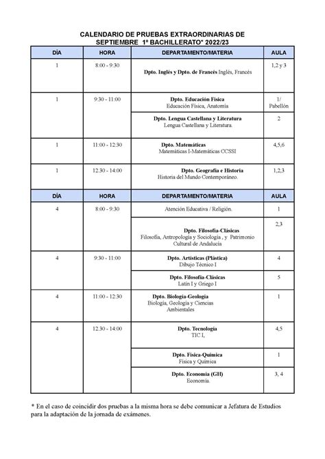 CALENDARIO DE EXÁMENES EXTRAORDINARIOS DE SEPTIEMBRE PARA 1º DE