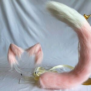 23.6 Inch Small Pink Cat Ears Small Pink Cat Tail Beast Ears Wolf Ears Cosplay Ears Lolita Fox ...