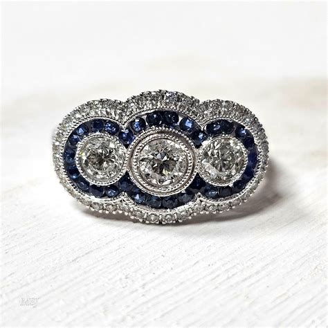 Vintage Inspired 3 Stone Diamond And Sapphire Ring Mckenzie And Smiley