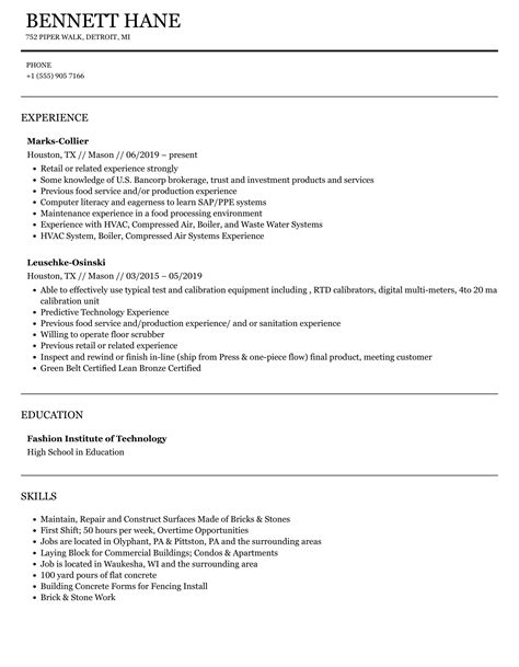 Mason Resume Samples Velvet Jobs