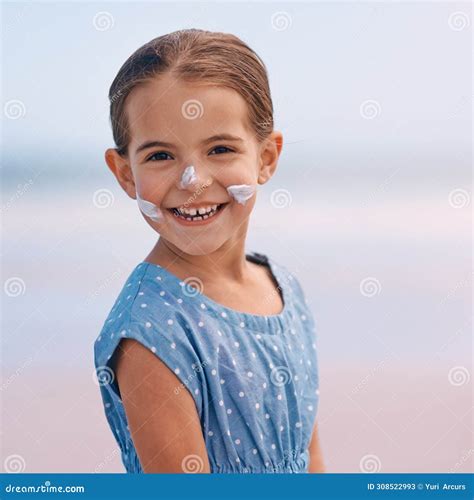 Young Child, Portrait and Outdoors with Sunscreen, Smile and Cheerful on Holiday Vacation ...