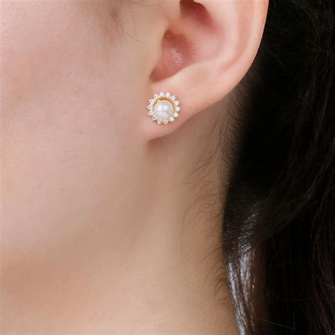 Fusion Akoya Pearl 18k Yellow Gold Stud Diamond Starburst Earrings Halo