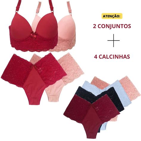 Kit 2 Conjuntos 4 Calcinhas Lingerie Plus Size Luxo Renda Cintura