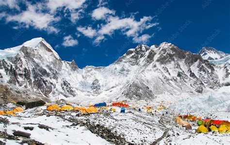 Mount Everest Base Camp Tents Khumbu Glacier And Mountains