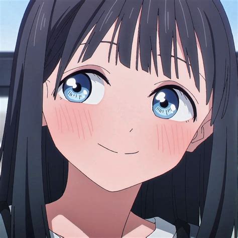 An Anime Girl With Long Black Hair And Blue Eyes Looks At The Camera