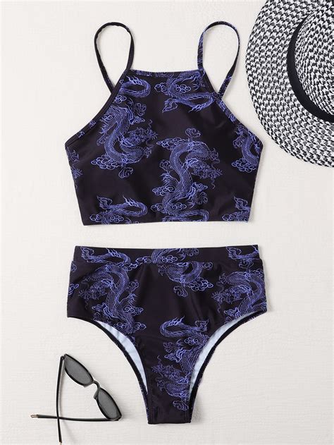 Bañador bikini con estampado de dragón chino Moda de Mujer SHEIN México